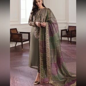 Elegant Olive Green and Purple Embroidered Dress